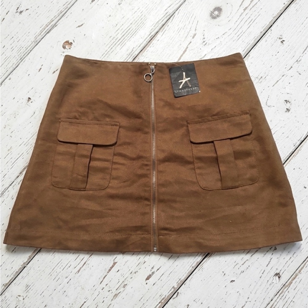 Atmosphere Brown Suede-Look Front Zip Mini Skirt